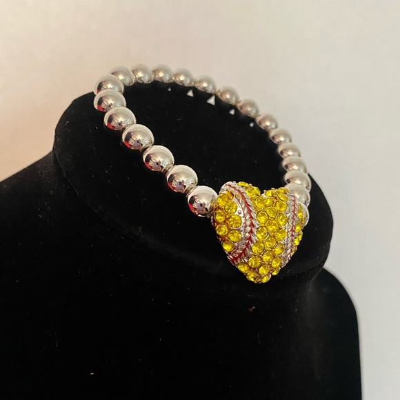 Silver Ball Bracelet w/Yellow Heart Shape Baseball ⚾️💛 - Picture 2 of 4